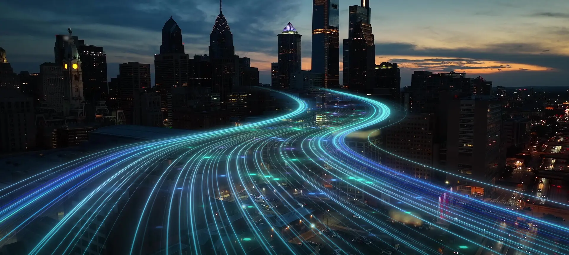 Futuristic cityscape with digital light trails