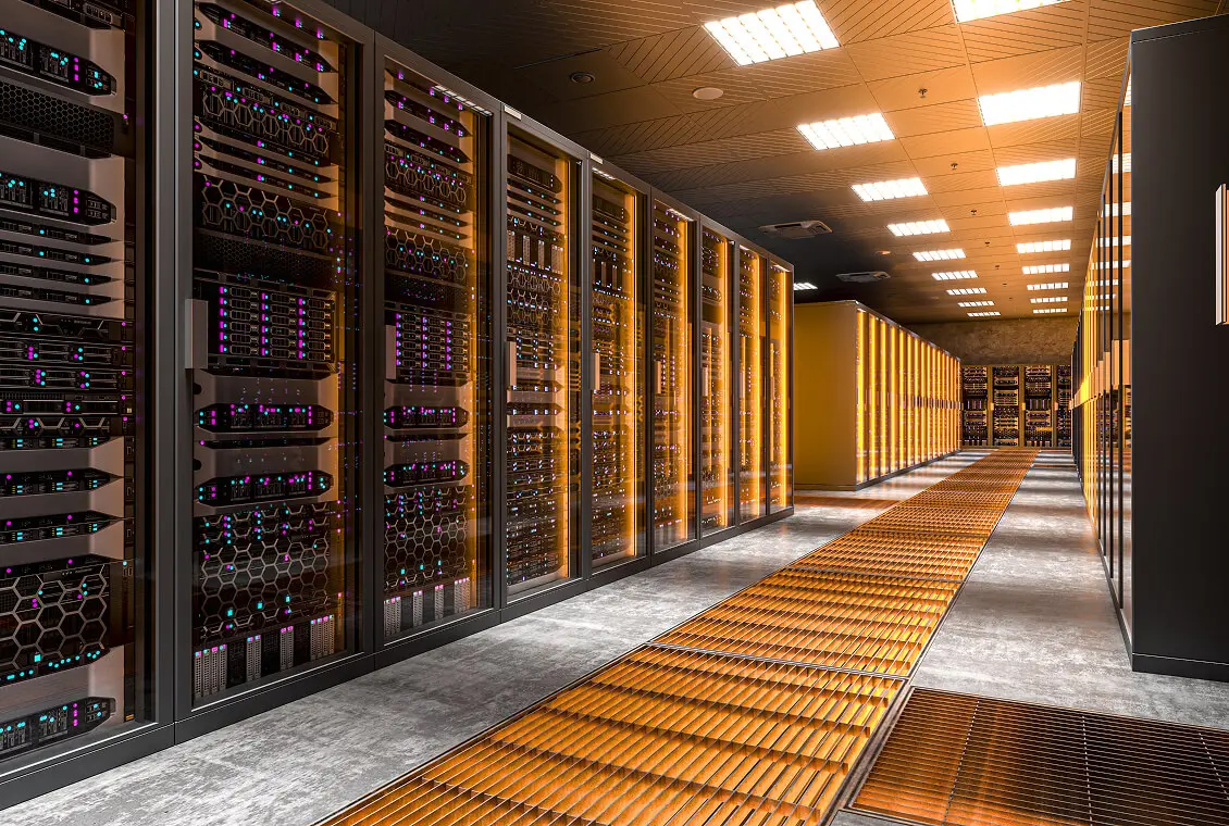 Server racks glowing in modern data center processing information