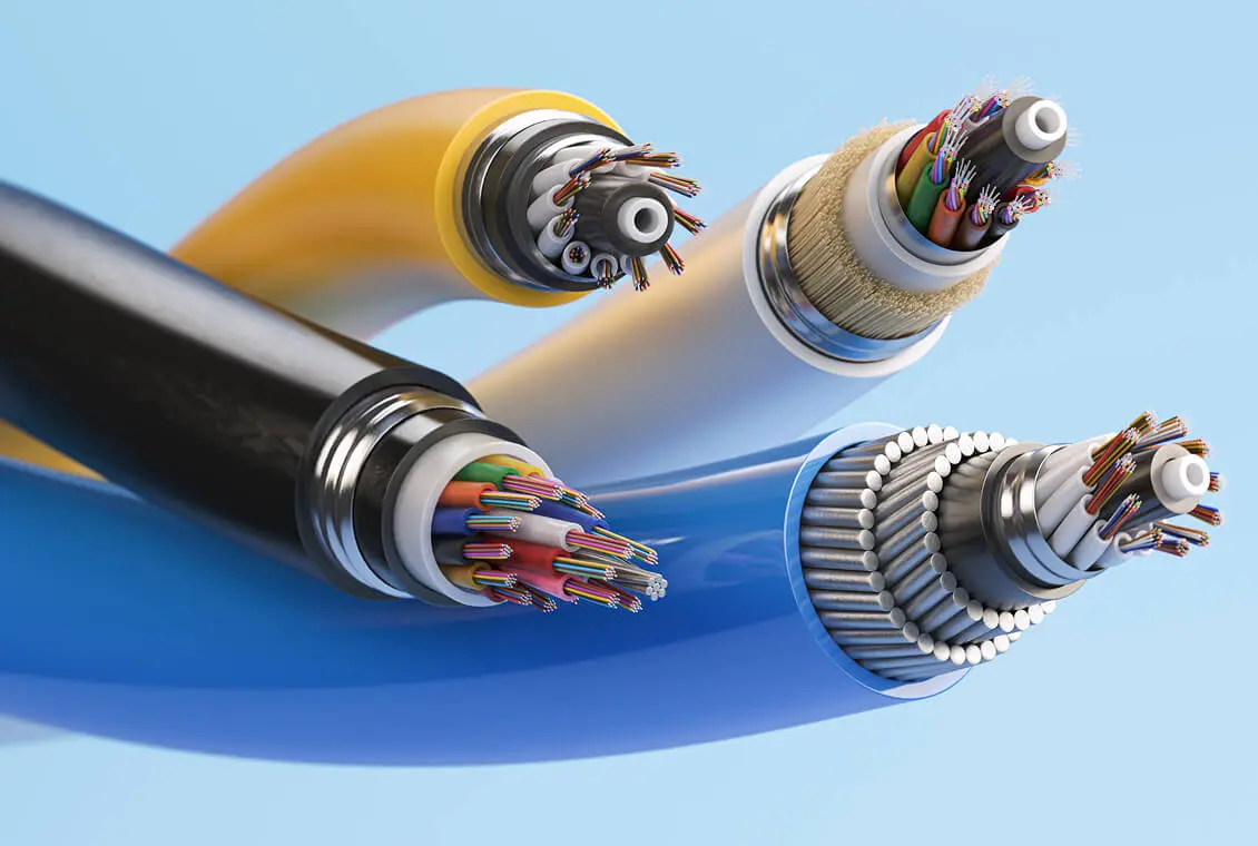 Colorful fiber optic cables on blue background