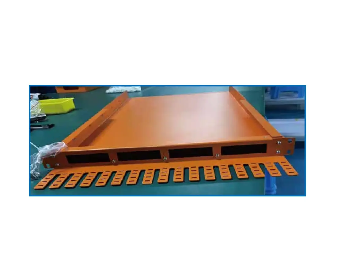 Orange metal rack on table