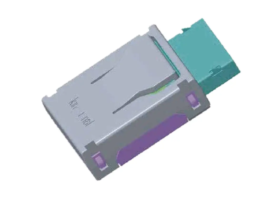 Electronic connector with teal and purple accents.